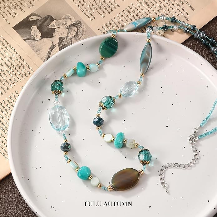 FULU AUTUMN Long Necklaces for Women Trendy Long Chunky Beaded Necklace Boho Fashion Costume Jewelry Mothers Day Gifts for Her