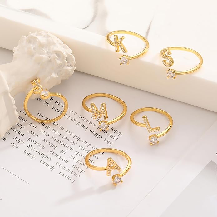 Valentines Day Gifts Gold Silver Initial Rings for Women Non Tarnish Dainty 14k Gold Plated Stackable Rings for Women Trendy Adjustable Letter Cubic Zirconia Pinky Ring Cute Open Birthday Gift Jewelry