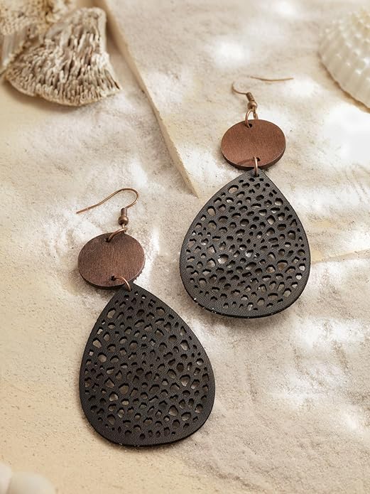 MINACHI Bohemian Hollow Cut-Out Wood Leather Dangle Drop Earrings, Boho Chic Hippie Statement Jewelry Gift for Women