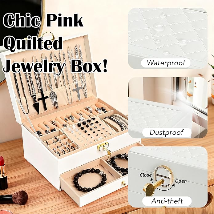SMUOBT Jewelry Box with Jewelry Set for Women Men - Large Multi-Layer Jewelry Organizer Storage Case with Drawers, Necklace Bracelet Hoop/Stud Earrings Rings Gift Set for Her Him, Unique Birthday Party Gift (Gold/Black Silver)