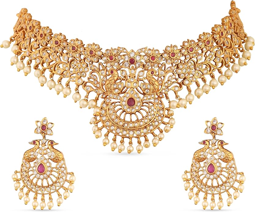 TARINIKA Brass Indian Choker Necklace Set - Gold Plated Cubic Zirconia Indian Jewelry Sets for Women Dangle, Drop, Jhumka Earrings Traditional Desi Necklace Pearls Gift for her