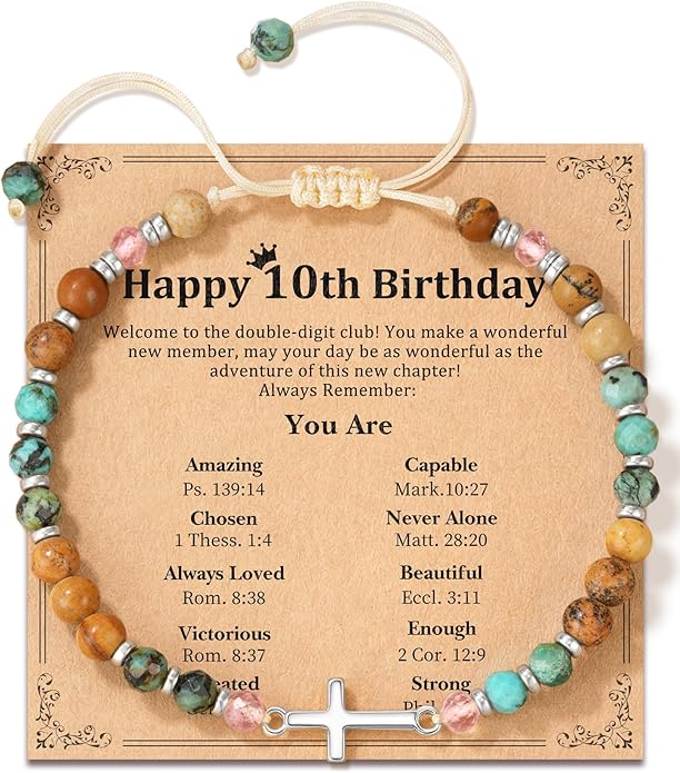 Cross Bracelet for Girls 10 13 16 Year Old Birthday Gifts, Natural Stone Adjustable Christian Jewelry with Inspirational Card for Daughter Granddaughter Niece