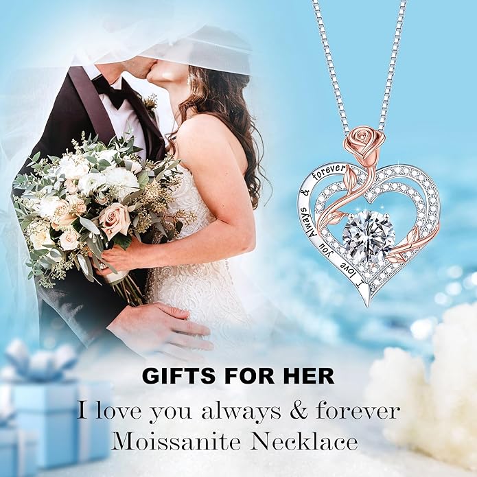 MOOSEA Valentines Day Gifts for Her - 925 Sterling Silver Rose Heart Moissanite Necklace, 1-3 ct VVS1 Clarity Lab Created Moissanite Anniversary Birthday Gifts for Mom Wife Girlfriend Jewelry Gift