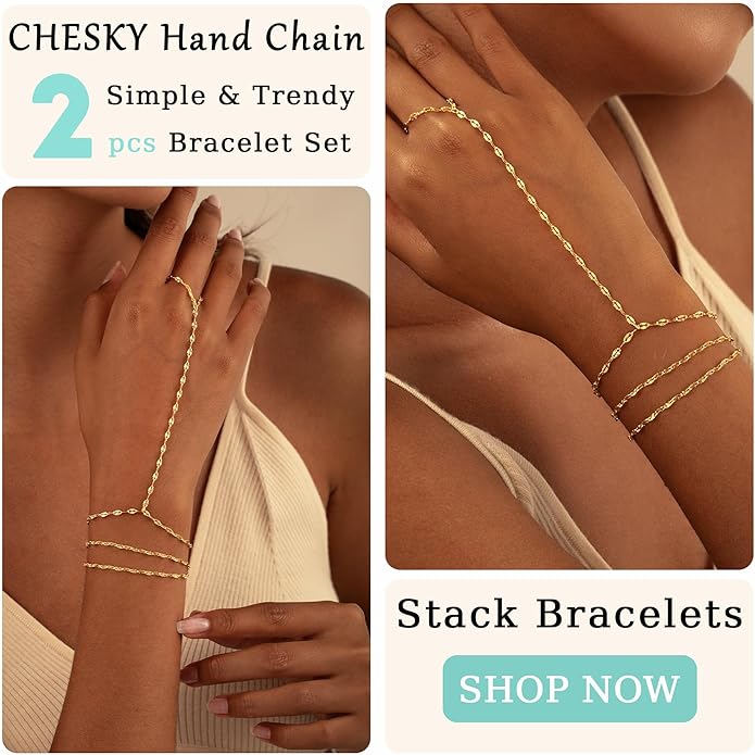 CHESKY 14K Gold Plated Hand Chain Bracelets for Women Set - Dainty Finger Ring Bracelet Stack Adjustable Hand Chains Durable Beaded Bracelets Trendy Simple Body Jewelry Gift for Women