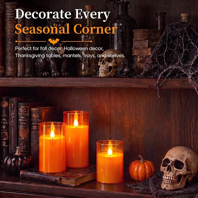 Homemory Halloween Orange Flameless Candles, Remote Timer, 3 Pack | Flameless - Image 9