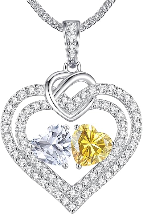 LOUISA SECRET Sparkling Double Heart Birthstone Necklaces for Women, 925 Sterling Silver Fine Jewelry, Pendant Heart Necklaces Birthday Anniversary Christmas Gift for Women Wife Mom Girlfriend Lady
