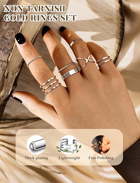 HAIAISO Silver Rings for Women Non Tarnish Stainless Steel Rings Set Dainty Gold Band Ring Stack Simple Stackable Thumb Pinky Ring for Multiple Size