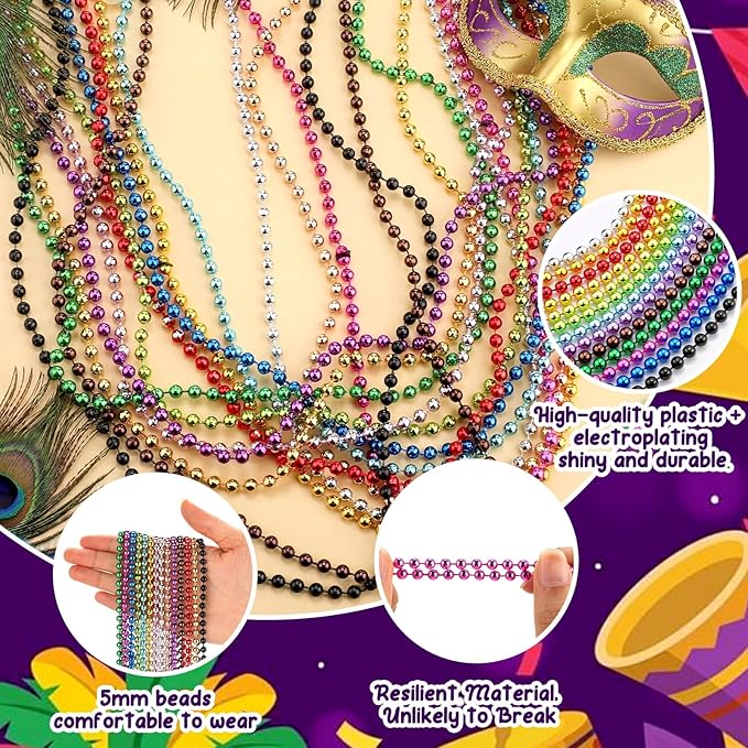 Ecally 600 Pcs Mardi Gras Beads Necklaces Bulk 15 Metallic Colors 33 5mm Party Necklaces Colorful Carnival Parade Beads for Party Favors Costume Accessories Festival Decorations for Men Women