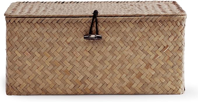 Nonam Small Wicker Basket with Lid, Seagrass Shelf Storage Basket, Coffee | - Image 2