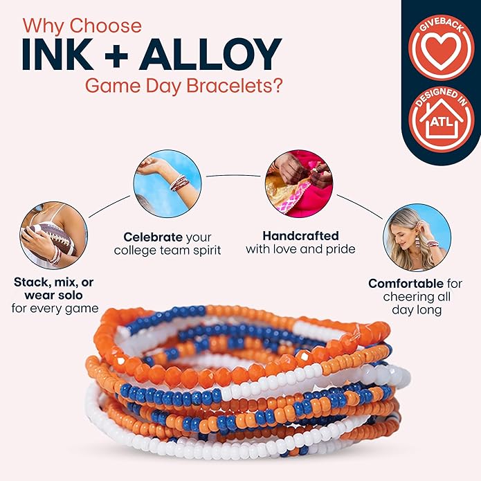 INK + ALLOY Game Day Bracelet Stacks, Beaded Bracelets for Football Gameday Outfits, Handmade Jewelry for College Students, Teachers, Football Moms, Set of 10