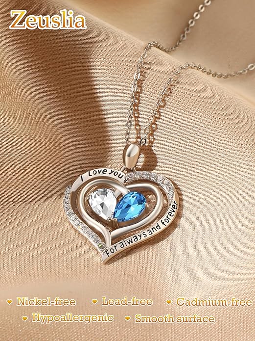 Valentine's Day Gifts for Wife 925 Sterling Silver Double Birthstone Pendant Necklaces I Love You for Always and Forever Necklace Anniversary Birthday Gifts for Wife Girlfriend Mom Her