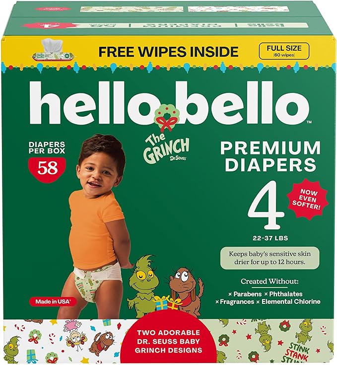 Hello Bello Dr. Seuss Baby Grinch Premium Diapers, Size 4 (22-37 lbs), 58ct Plus Bonus Wipes: Softness & Protection for Sensitive Skin