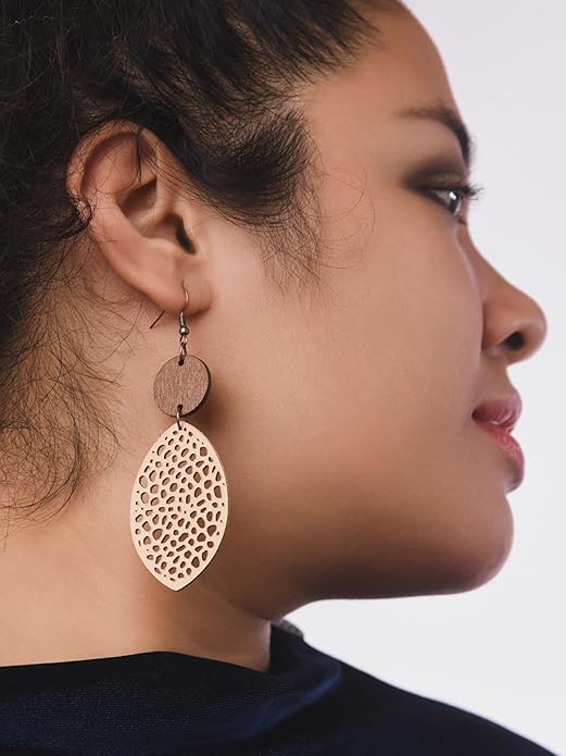 MINACHI Bohemian Hollow Cut-Out Wood Leather Dangle Drop Earrings, Boho Chic Hippie Statement Jewelry Gift for Women