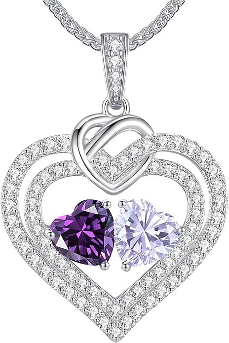 LOUISA SECRET Sparkling Double Heart Birthstone Necklaces for Women, 925 Sterling Silver Fine Jewelry, Pendant Heart Necklaces Birthday Anniversary Christmas Gift for Women Wife Mom Girlfriend Lady
