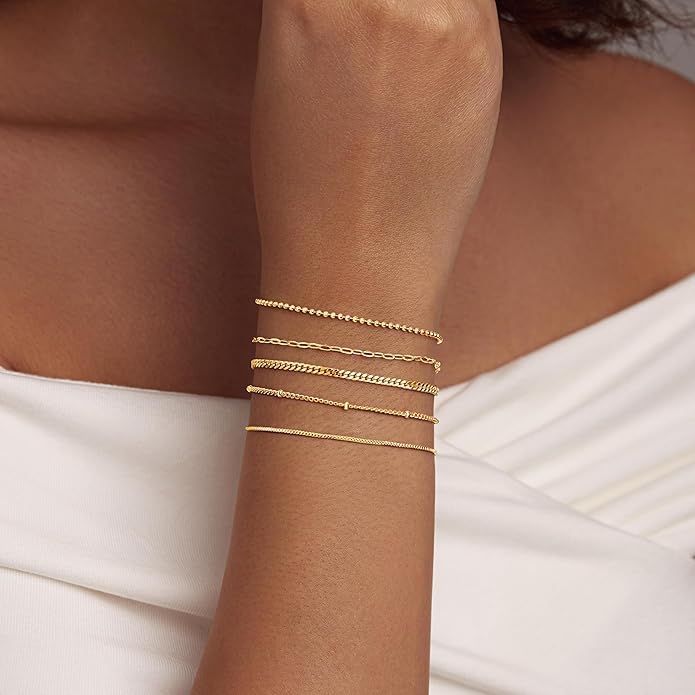 Gold Bracelets Set for Women Stack, Dainty Thick Bracelets Stack for Women Trendy, Simple Thin Gold Plated Cuff Stackable Bracelets With Beaded Cuban Paperclip Snake Rope Bangle Hand Chain Jewelry Gifts for Women Non Tainish