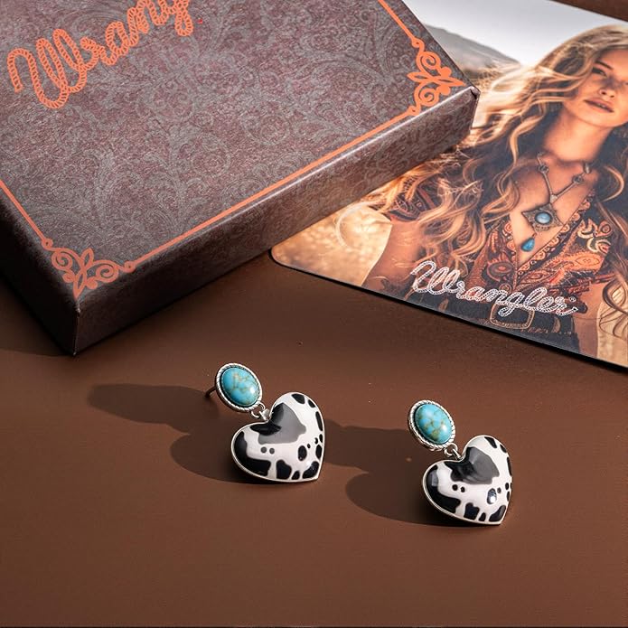 Wrangler Western Heart Drop Dangle Earrings for Women Statement 14k Gold Turquoise Cow Print Cowgirl Trendy Jewelry