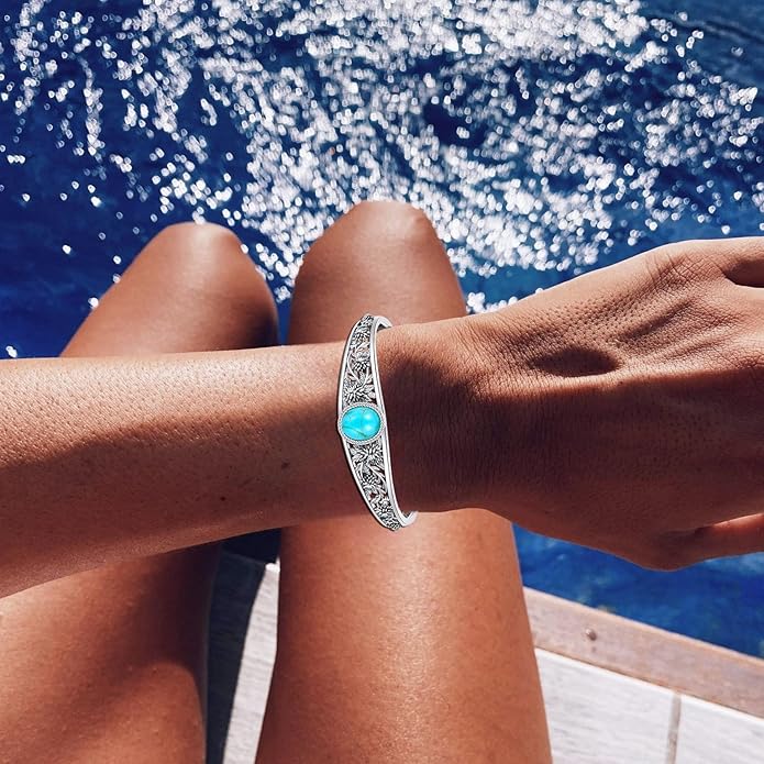 Genuine Turquoise Cuff Bracelet for Women, Sterling Silver Western Vintage Floral Bangle Native American Jewelry, For 6.5-7.5 Inch Wrists