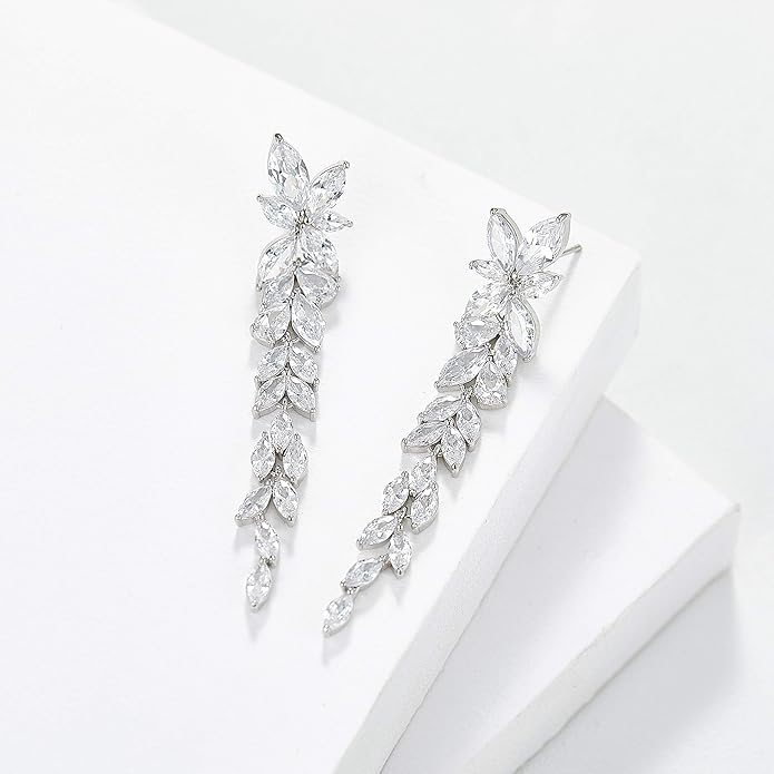 SWEETV Marquise Cubic Zirconia Wedding Earrings for Women Brides, Crystal Chandelier Bridal Drop Earrings for Prom Pageant