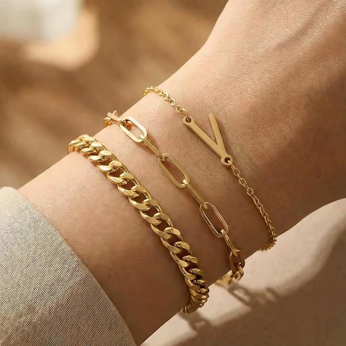 14K Gold Plated Bracelets for Women, A–Z Initial Charm Bangles Jewelry Set, Elegant Gold Accessories, Friendship Bracelet Gifts for Mom