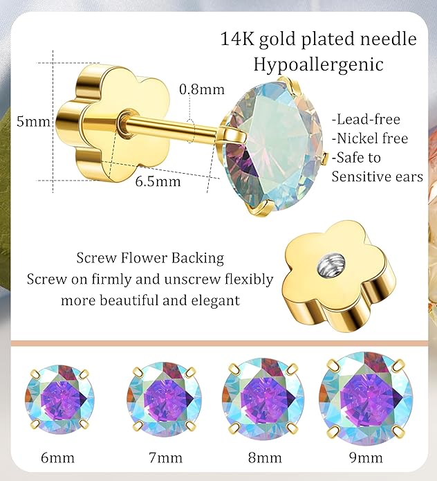 4Pairs AB Cubic Zirconia Earrings Studs Flat Back Earrings for Women 14K Gold CZ Flatback Stud Earrings Hypoallergenic Cartilage Nap Earrings