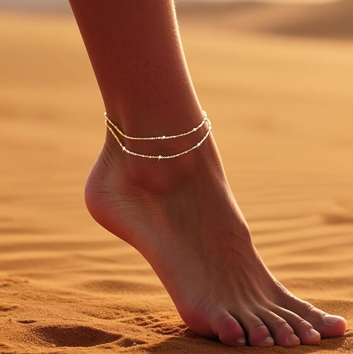 DEARMAY Dainty 14K Gold Plated Ankle Bracelets for Women, Waterproof 14K Gold Plated Link Chain Anklets Non Tarnish Set Pack Summer Beach Jewelry Gift
