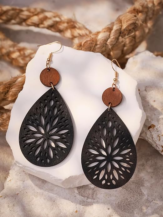 MINACHI Bohemian Hollow Cut-Out Wood Leather Dangle Drop Earrings, Boho Chic Hippie Statement Jewelry Gift for Women