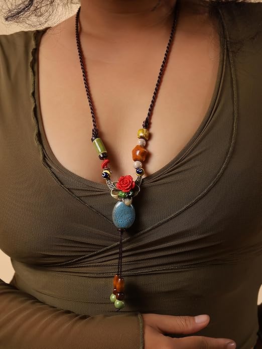MINACHI Vintage Bohemian Hippie Ceramic Beads Crescent Moon Lariat Necklace, Boho Hippie Statement Jewelry Gift for Women
