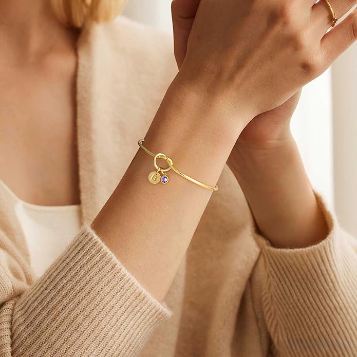 Turandoss Valentines Day Gifts for Women Girls, Dainty 14K Gold Plated 12 Months Disc Initial A-Z Birthstone Heart Knot Bangle Bracelet Birthday Bridesmaid Valentines Jewelry Gifts for Teen Girls