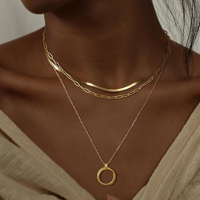NECOCY Valentine's Day Gift 14k Gold/Silver Plated Layered Gold Necklaces for Women, 3Pcs Dainty Herringbone Choker Set, Trendy Stack Simple Chain Layering Pendant Jewelry