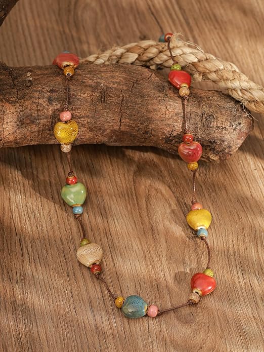 MINACHI Hippie Bohemian Colorful Ceramic Bead Long Strand Necklace, Boho Hippie Beach Summer Statement Jewelry Gift for Women