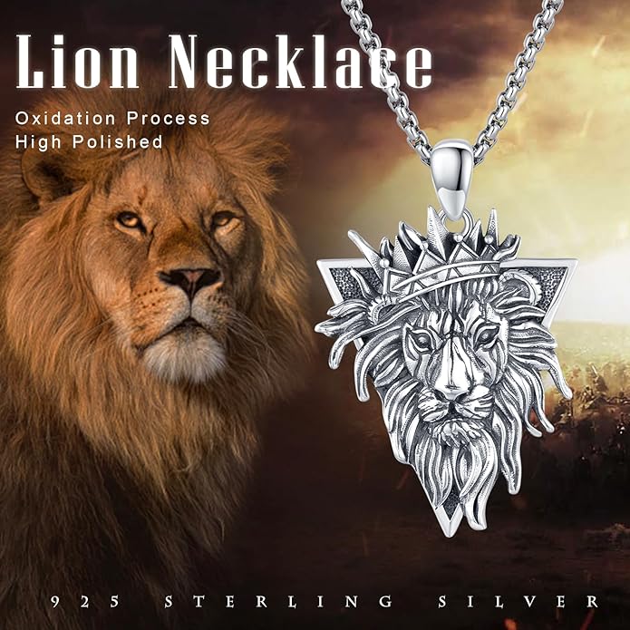 Cuoka Lion Necklace for Men Women S925 Sterling Silver King Retro Punk Gothic Hip Hop Rock Animal Lion Head Pendant Charm Jewelry Chain Necklace Viking Protection Amulet Necklaces