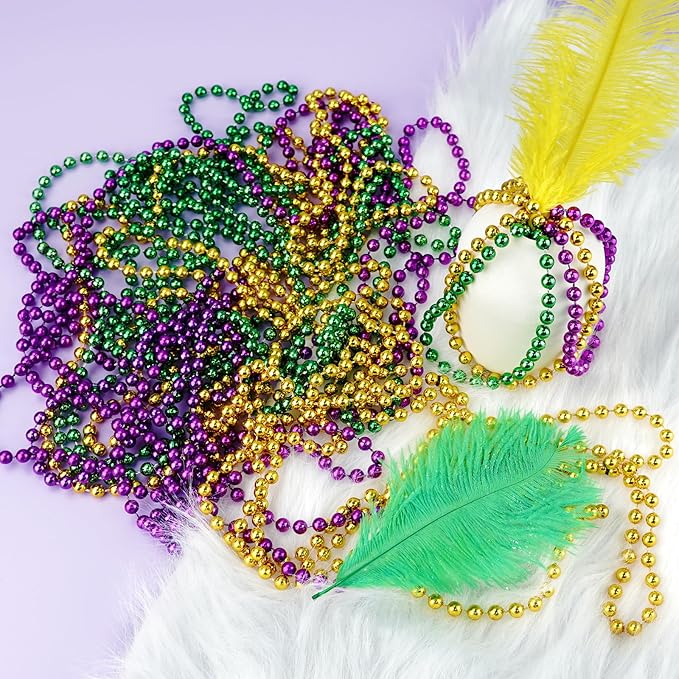 102 PCS Mardi Gras Beads, 33'' Metallic Gold Green Purple Mardi Gras Beads Necklaces Mardi Gras Necklaces Accessories Bulk Carnival Bead Necklace for Mardi Gras Parade Throws Party Decorations Favors
