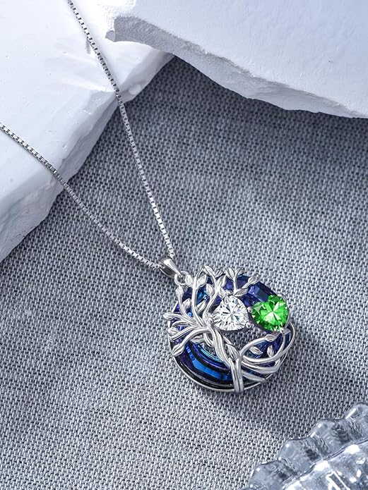 TOUPOP s925 Sterling Silver Family Celtic Tree of Life Pendant Necklaces with 2 Heart Birthstone with Blue Austrian Crystal Jewelry Birthday Valentines Day Gifts for Her, Anniversary Christmas Gifts for Wife Girlfriend Mom (18K Real White Gold Filled)