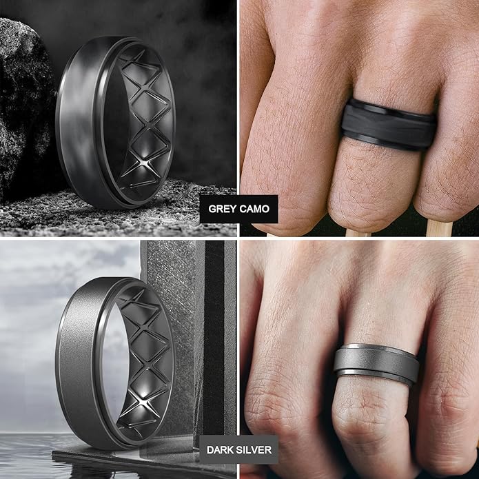 Egnaro Men's Rings 8.5mm Wide-2mm Thick Inner Arc Ergonomic Breathable Rubber Wedding bands-Hypoallergenic for Gym/Outdoor/Gift((1-7 Variety Pack with Half Size)