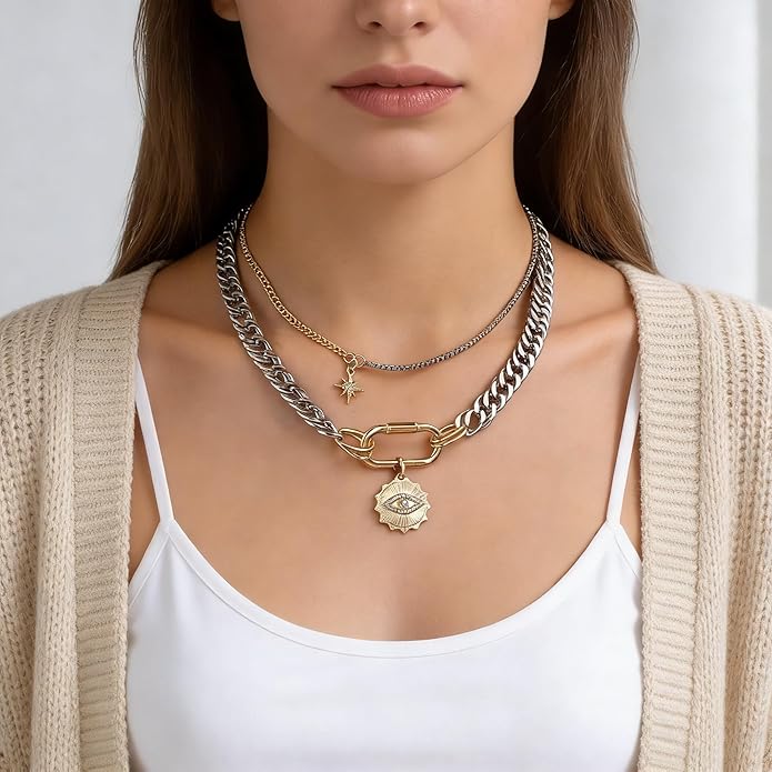 Gold Layered Necklaces for Women, 2PCS/3PCS Mixed Metal Necklace Set with Gold and Silver Necklace Chains with Evil Eye, Star & Spike Charms, Chunky Necklaces for Women & Necklace Stack Trendy Pendant Jewelry Birthday Valentines Day Gifts for Her