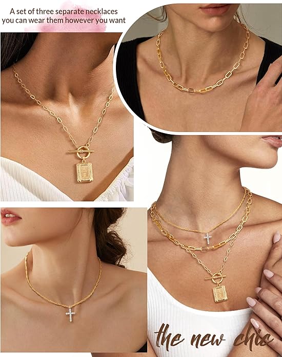 MJartoria Layered Initial Necklaces for Women Trendy, 14K Gold Plated Brass Simple Dainty Cross Choker Square Letter Pendant Necklace, Paperclip Chain Necklaces Jewelry