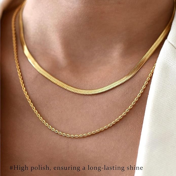 3PCS Gold Necklaces for Women,Chunky Statement Gold Plated Necklace Stack Layered Sterling Silver Herringbone Chains for Women Dainty Trendy Silver Chains Stacked Jewelry Gifts