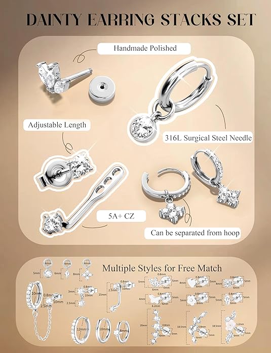 18 PCS Single Cartilage Studs Earrings Women Trendy 14k Gold Plated Flat Back Earings Stacks Dainty Small Pendant Dangle Huggie Hoops Earring Cubic Zirconia Flatback Stud Sets for Multiple Piercing