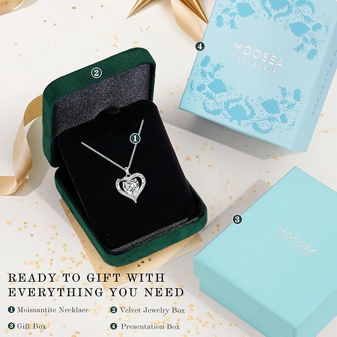 MOOSEA Valentines Day Gifts for Her, 1-3ct 925 Sterling Silver Anniversary Birthday Gifts for Women Wife Girlfriend Jewelry Moissanite Necklace