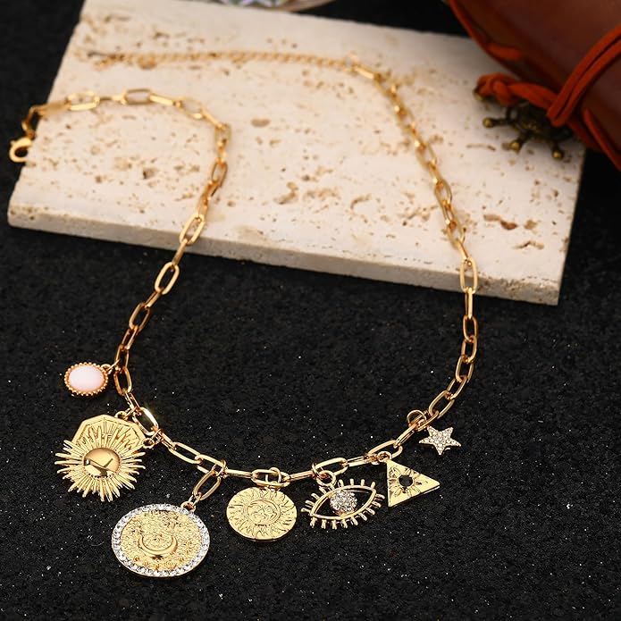 Charm Necklace for Women Gold Evil Eye Sun Moon Flower Coin Pendant Necklace Dainty Paperclip Chain Vintage Luck Amulet Choker Necklaces Celestial Jewelry Gift