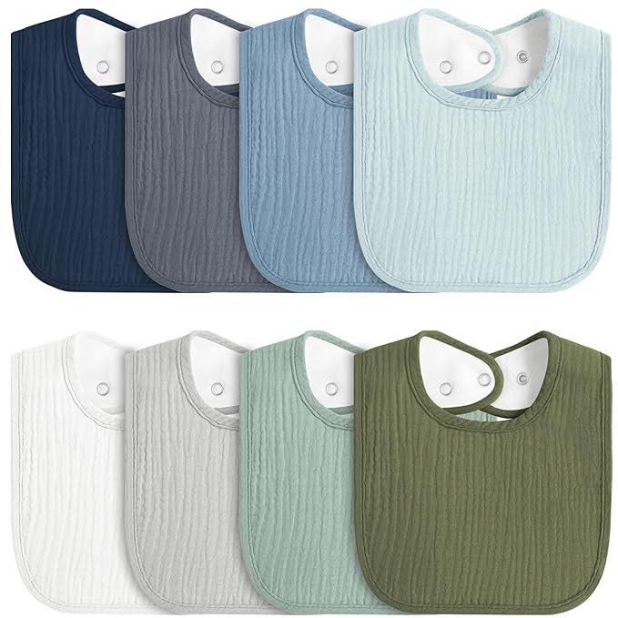 8-Pack Baby Muslin Bibs, Soft Cotton Drool Bibs for Boys Girls, Adjustable and Absorbent Newborn Bib Set for Feeding and Drooling