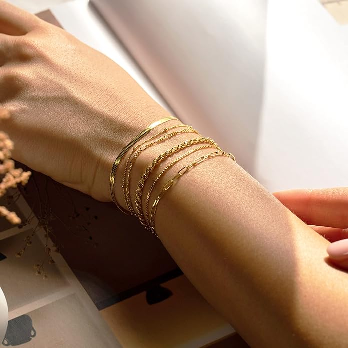 DEARMAY Gold Bracelets for Women Waterproof, 14K Gold Plated Jewelry Sets Trendy Thin Dainty Stackable Cuban Link Paperclip Chain Bracelet Pack Fashion Accessories Gifts for Womens