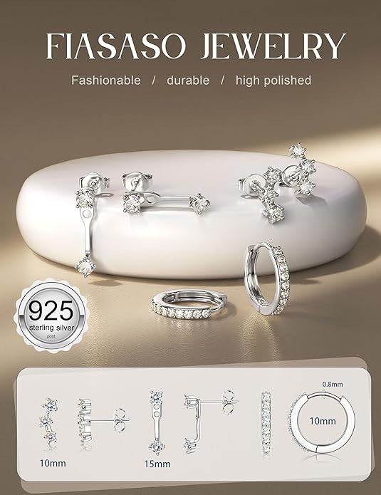 FIASASO 3 Pairs 925 Sterling Silver Hypoallergenic Earrings for Women Trendy - 14K Gold Plated Stud Hoop Cartilage Earrings Set Small Earring Stacks for Sensitive Ears Non Tarnish Dainty Silver Earring