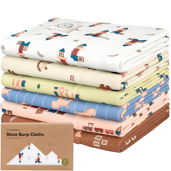 Organic Burp Cloths Baby Boy, Girl - 6-Pack Large Cotton Burping Cloths for Babies, Spit Up Rags, Super Absorbent, Ultra Soft Newborn Rag, Gender Neutral, Machine Washable, Durable (Toy Land)