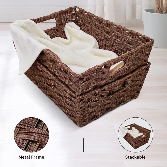 Onlytak Large Wicker Storage Basket, Metal Frame, Washable Waterproof, Woven - Image 5