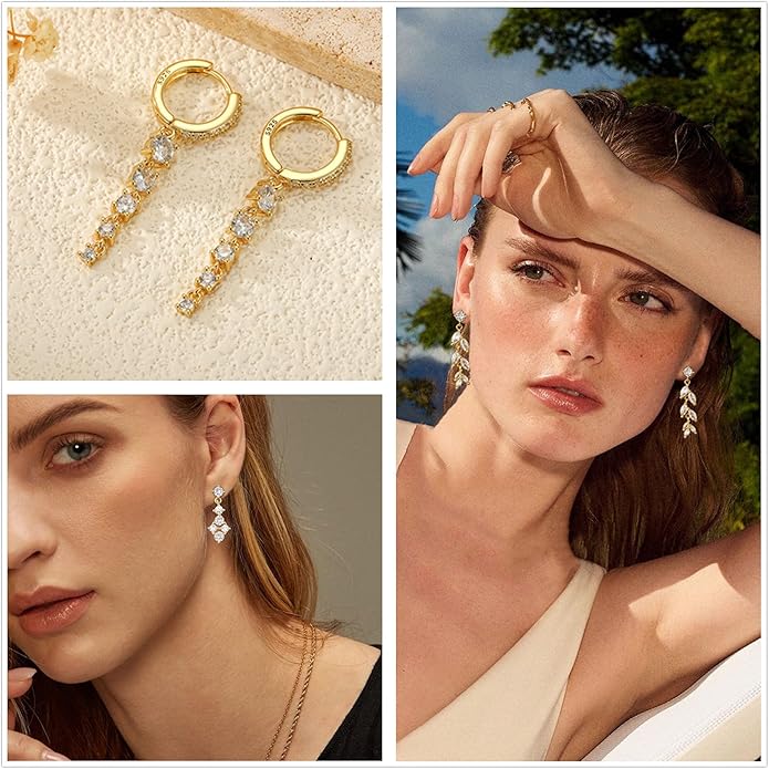 14K Gold Plated Dangle Earrings for Women Dainty Silver Drop Earring Trendy Small Long Dangling Wedding Bridesmaid Hoop Diamond Crystal Cute Earring Jewelry Valentine Gifts
