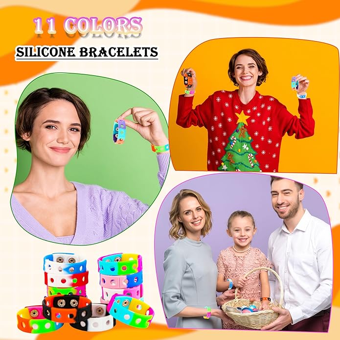 66 Pcs Silicone Charm Bracelets Adjustable Cute Kids Rubber Bracelets Bulk Colorful Wristbands with Holes for Shoe Birthday Party Gifts Identify, 11 Colors