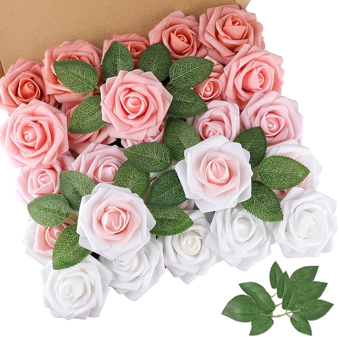 AmyHomie Blush Shades Rose 25pcs Real Looking Artificial Flowers w/Stem | by AmyHomie
