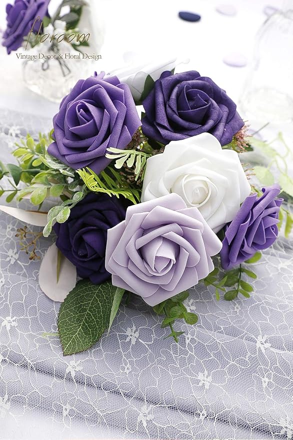 Artificial Flowers 25pcs Real Looking Violet Purple Foam Fake Roses - Image 5