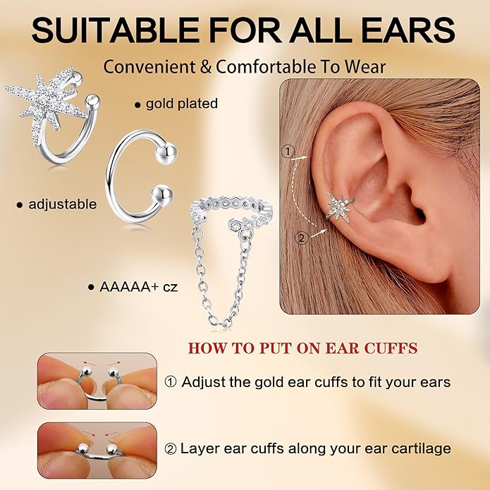 Dochais Ear Cuffs Non-Piercing Earrings for Women Cute Small Clip-On Cartilage Earring 14k Gold Plated Dainty Fake Piercings Earings